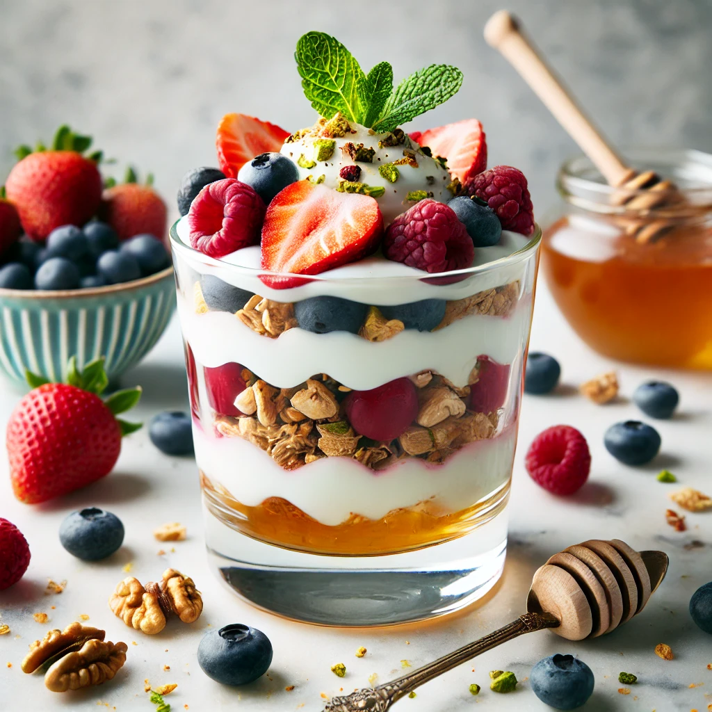 a fruity Greek Yogurt Dessert in a glass